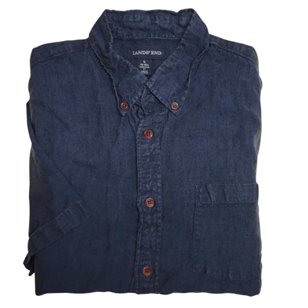 Lands' End 100% Linen Men's Short Sleeve Navy Blue Button Down Shirt